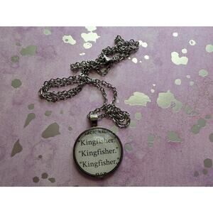 Kingfisher pendant necklace made from Quicksilver book pages